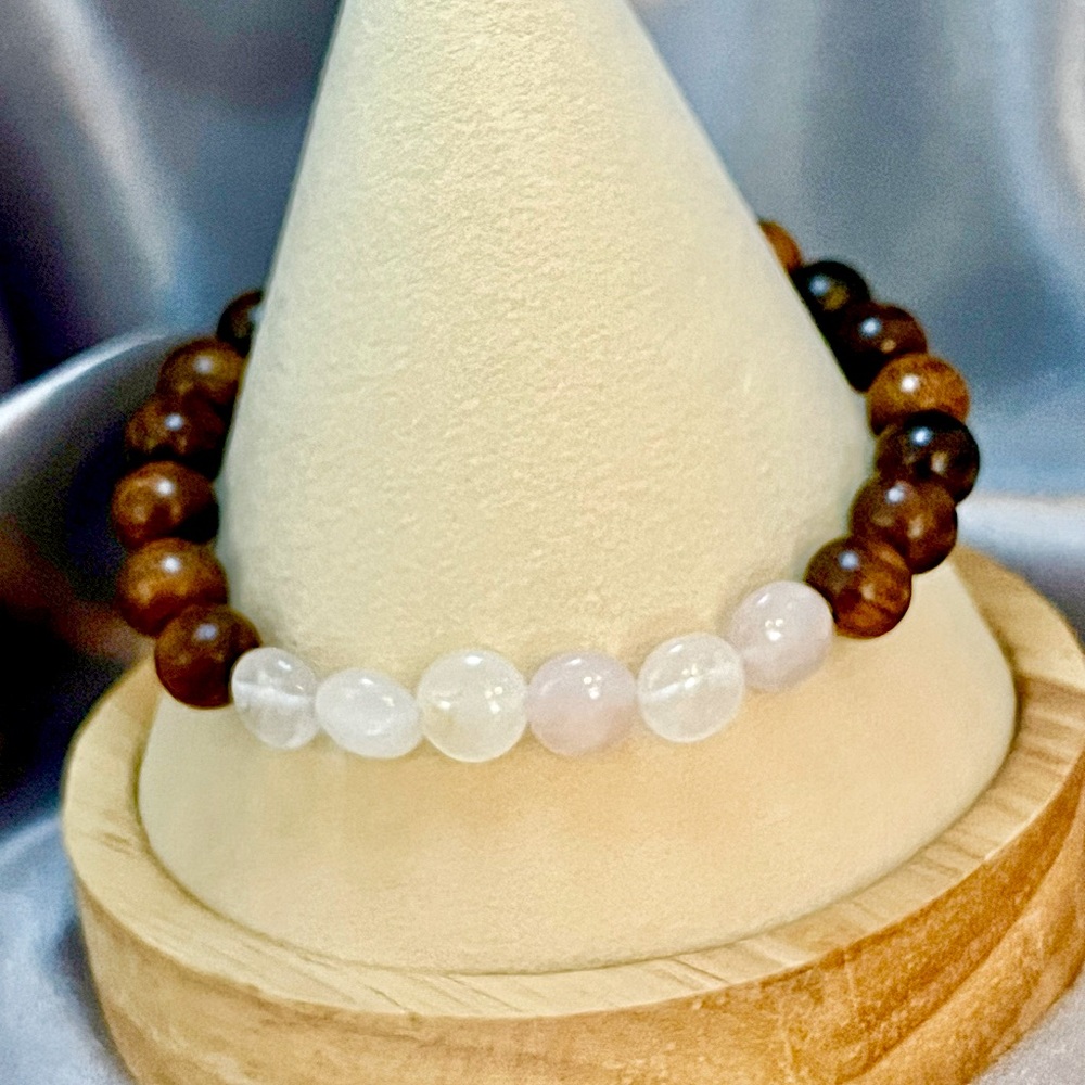 Rose Quartz Crystal & natural wood beaded bracelet 8mm Stone 17cm Boutique NWT